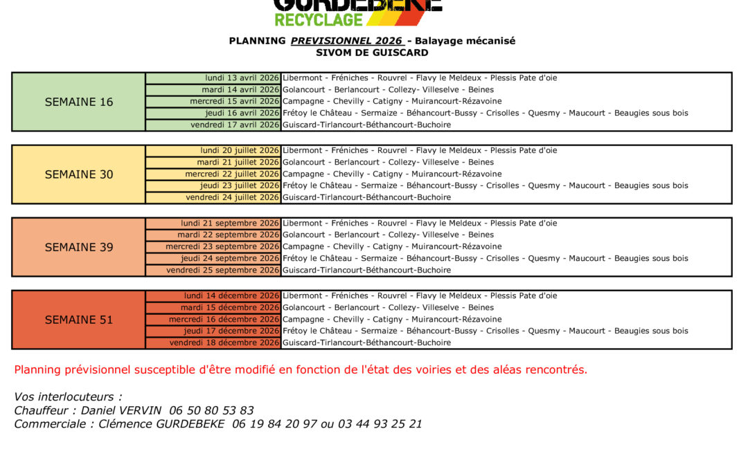 GURDEBEKE – PLANNING PREVISIONNEL 2026