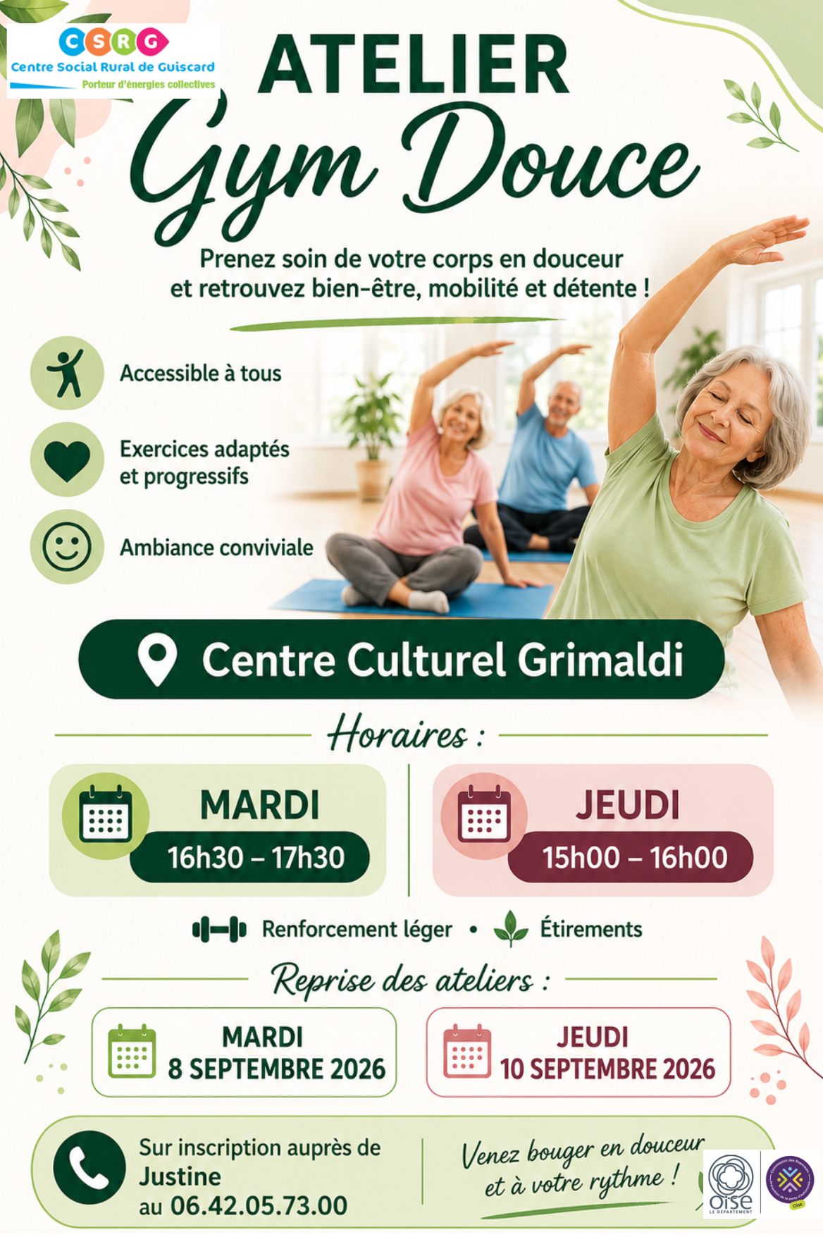 Affiche d'un atelier gym douce pour seniors à Guiscard.