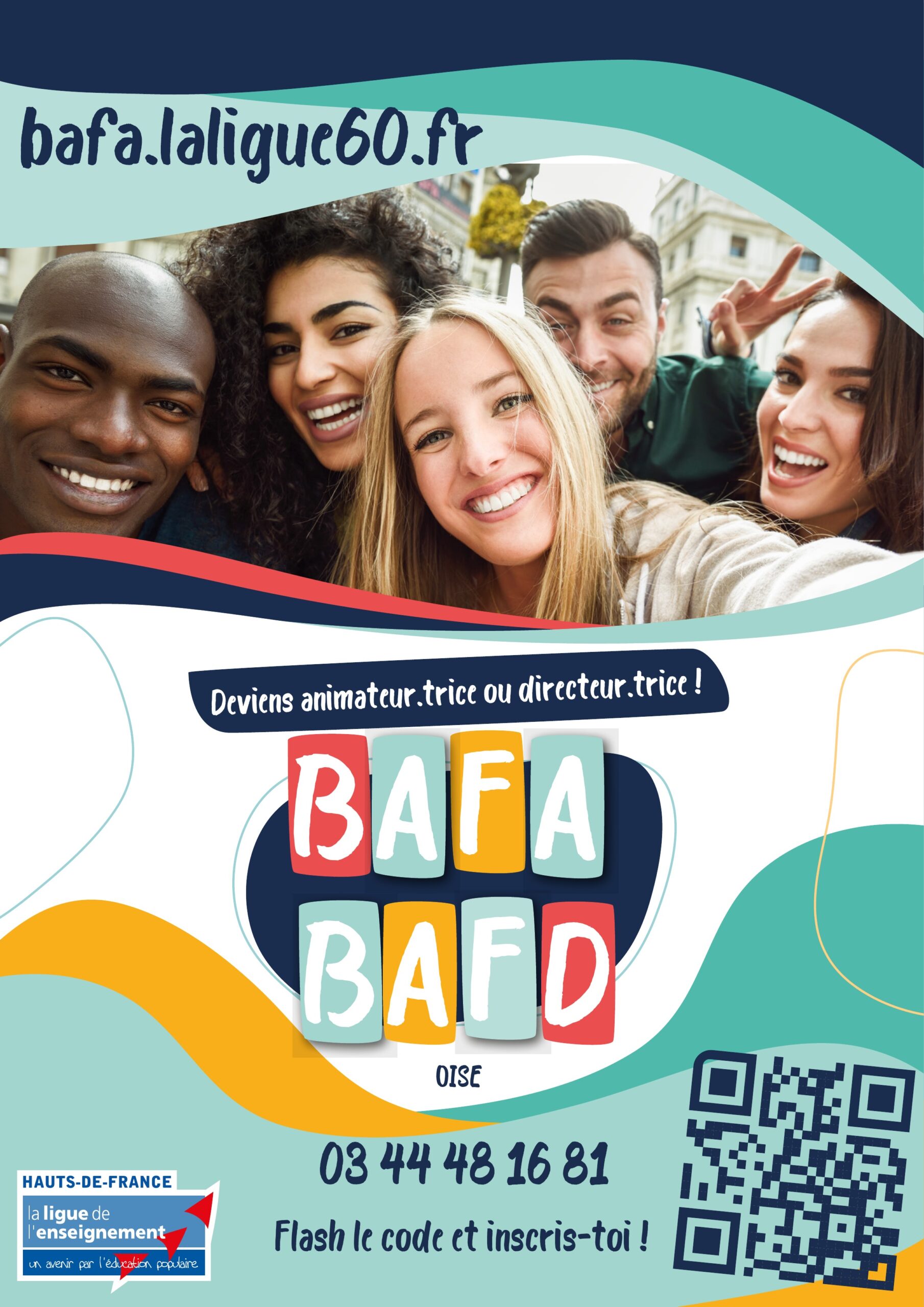 BAFA.LALIGUE60-2026 Affiche de formation BAFA BAFD avec des jeunes souriants.